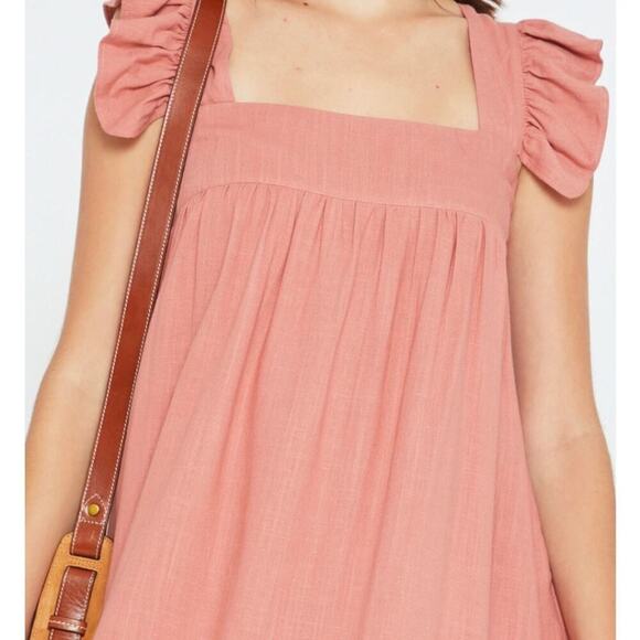 O.P.T. NEW Babydoll Aria Mocha Cotton LINEN Ruffled Sleeveless  Mini Dress S - Picture 4 of 16